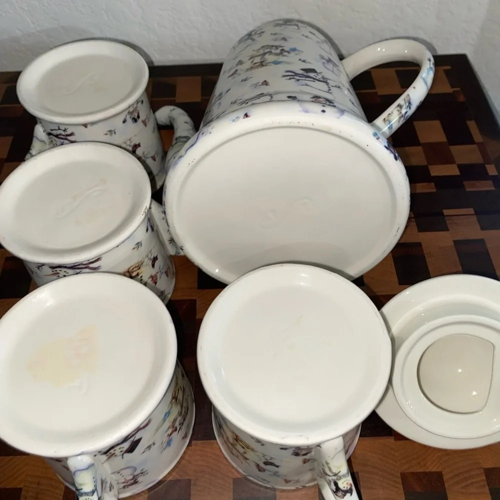 Vintage Grace Snowman Christmas Holiday Porcelain Tea\Coffee Set Kettle/4 Mugs